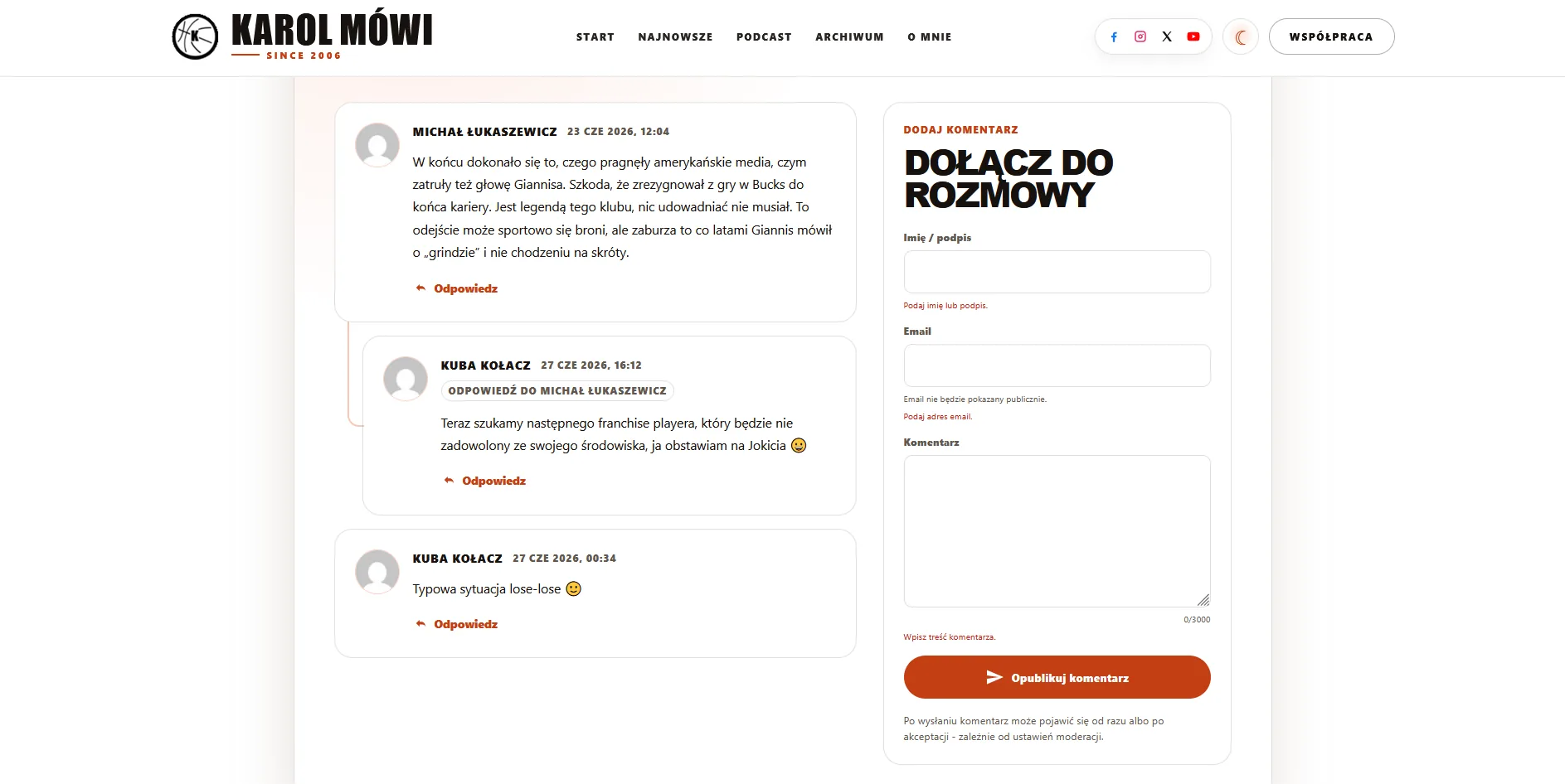 Sekcja komentarzy na stronie Karol Mówi