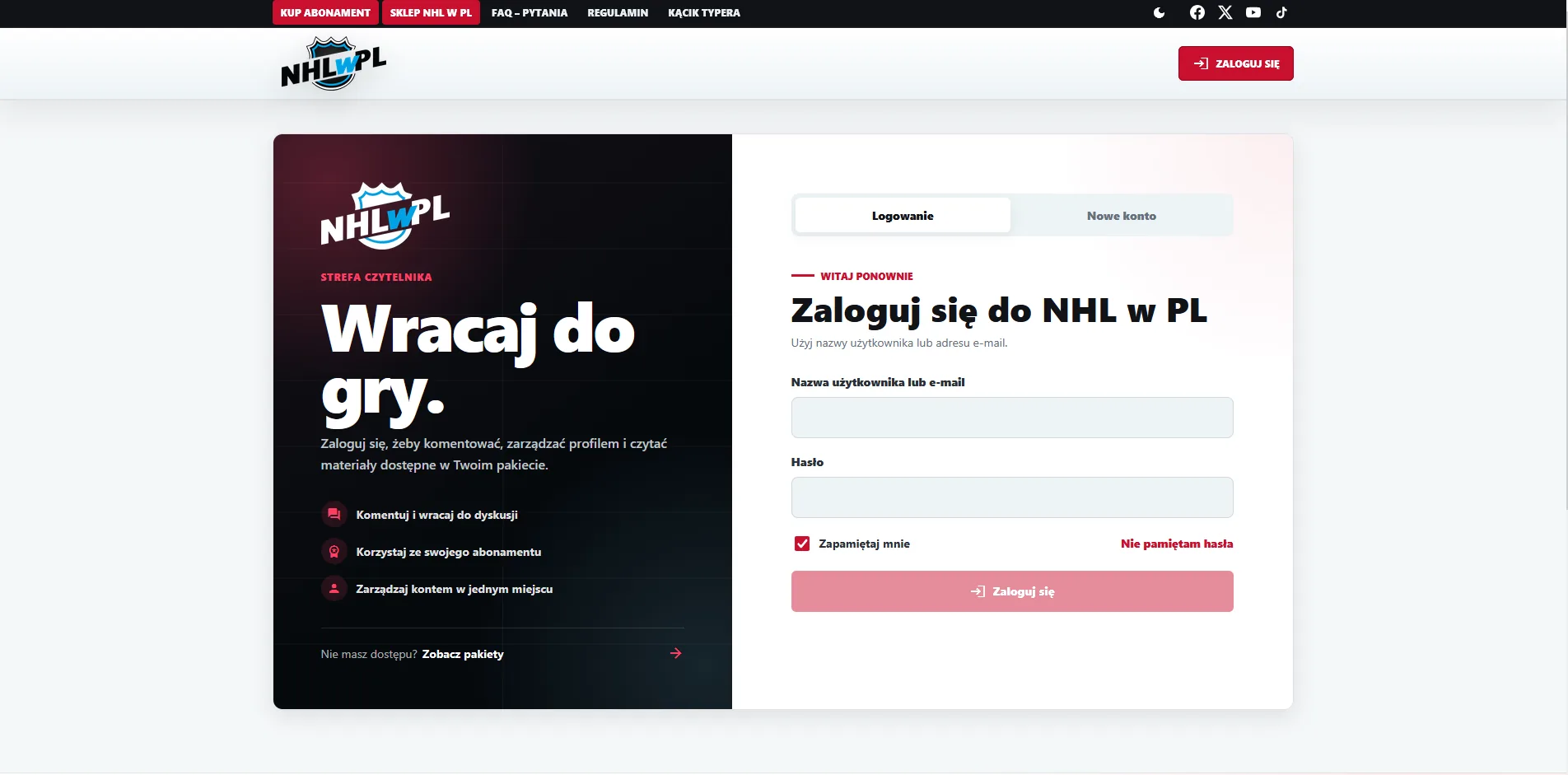 Logowanie do portalu NHL w PL
