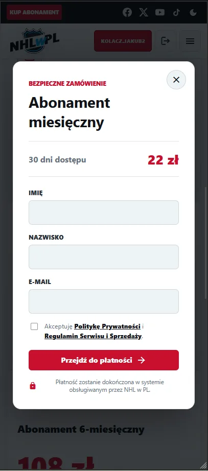 Zakup abonamentu NHL w PL w widoku mobilnym