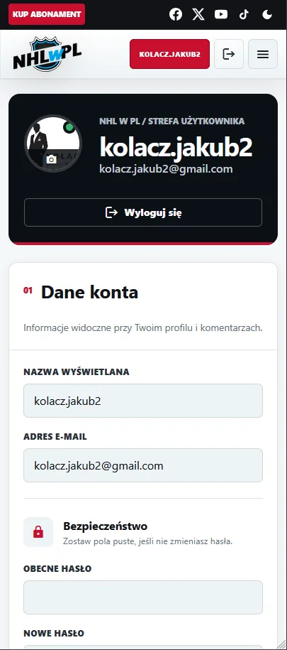 Profil użytkownika NHL w PL w widoku mobilnym