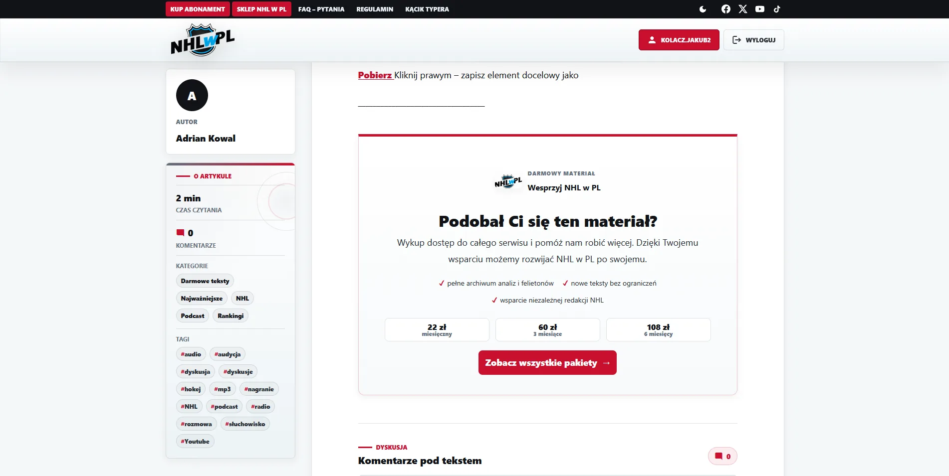 Oferta abonamentu pod artykułem NHL w PL